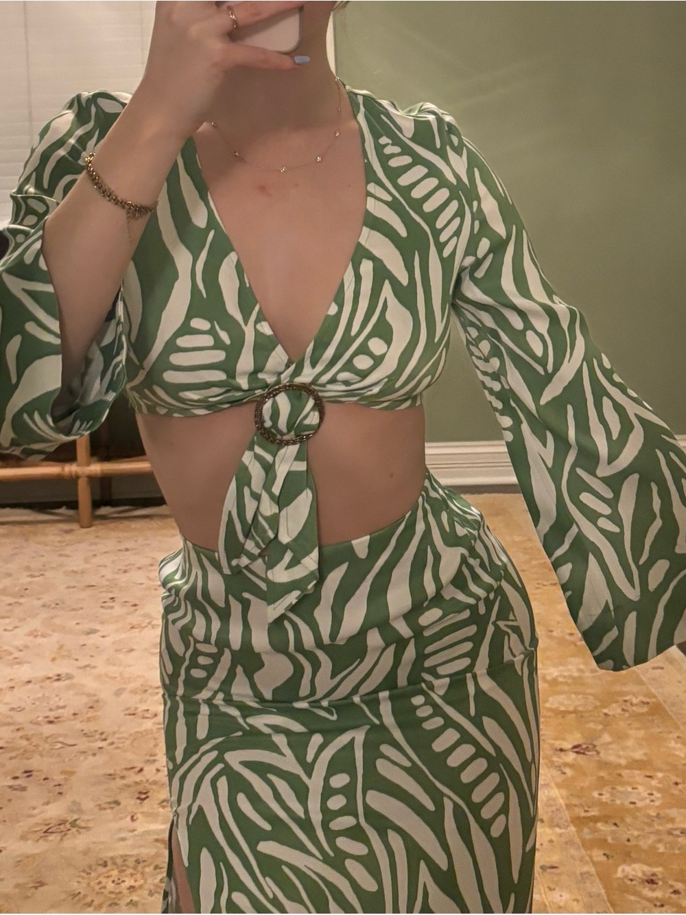 Green & White Printed Two-Piece Set with Ring Detail - Like New